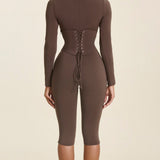 Long Sleeve Detachable Waist Cincher Two Piece Capri Shapewear Corset Jumpsuit