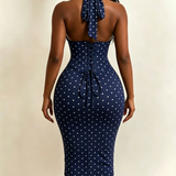 Polka Dot Corset Halter Midi Dress with Lace-Up Back