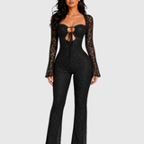 Sexy Cutout Front Tie Long Sleeve Open Back Lace Flare Jumpsuit