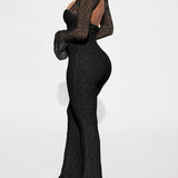 Sexy Cutout Front Tie Long Sleeve Open Back Lace Flare Jumpsuit