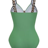 Leopard Patchwork Ruched V Neck Wide Strap One Piece Swimsuit