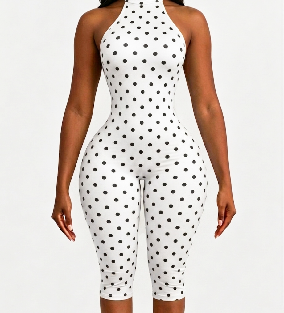 Polka Dot Halter Neck Backless Slim-Fit Stretch Capri Jumpsuit