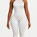 Polka Dot Halter Neck Backless Slim-Fit Stretch Capri Jumpsuit