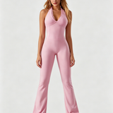 V-neck Lace-trimmed Halter Neck Yoga Sports Fitted Jumpsuit