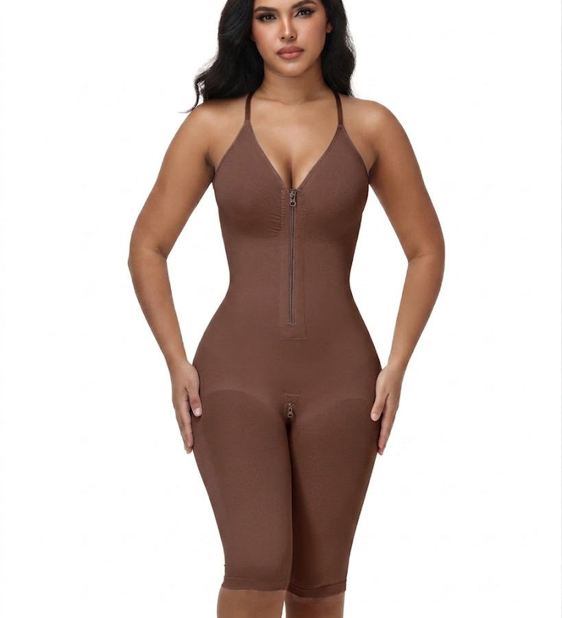 V Neck Front Zip Crisscross Back Knee Length Tummy Contro Bodysuit Butt Lifting Shaper