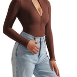 Zipper Front Long Sleeve Sexy Ribbed Triangle Bodysuit