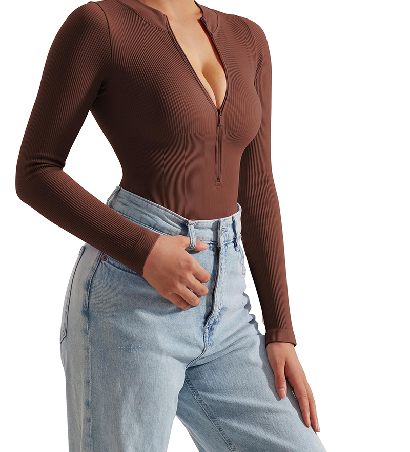 Zipper Front Long Sleeve Sexy Ribbed Triangle Bodysuit