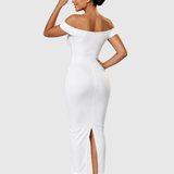 Off Shoulder Ruched Bust Bodycon Maxi Dress with Back Slit
