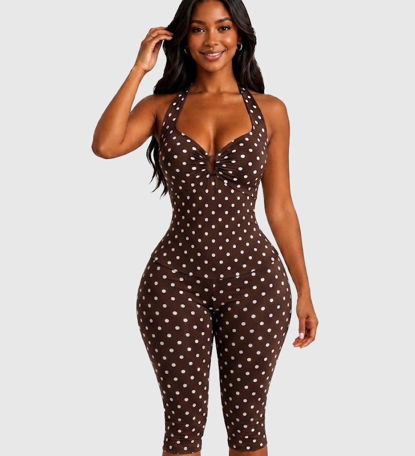 Polka Dot Halter Twist Top Capri Pants Two Piece Outfit Set