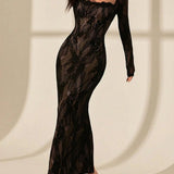 Square Neck Long Sleeve Lace Bodycon Maxi Dress