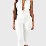 V Neck Halter Open Back Tie Capri Jumpsuit