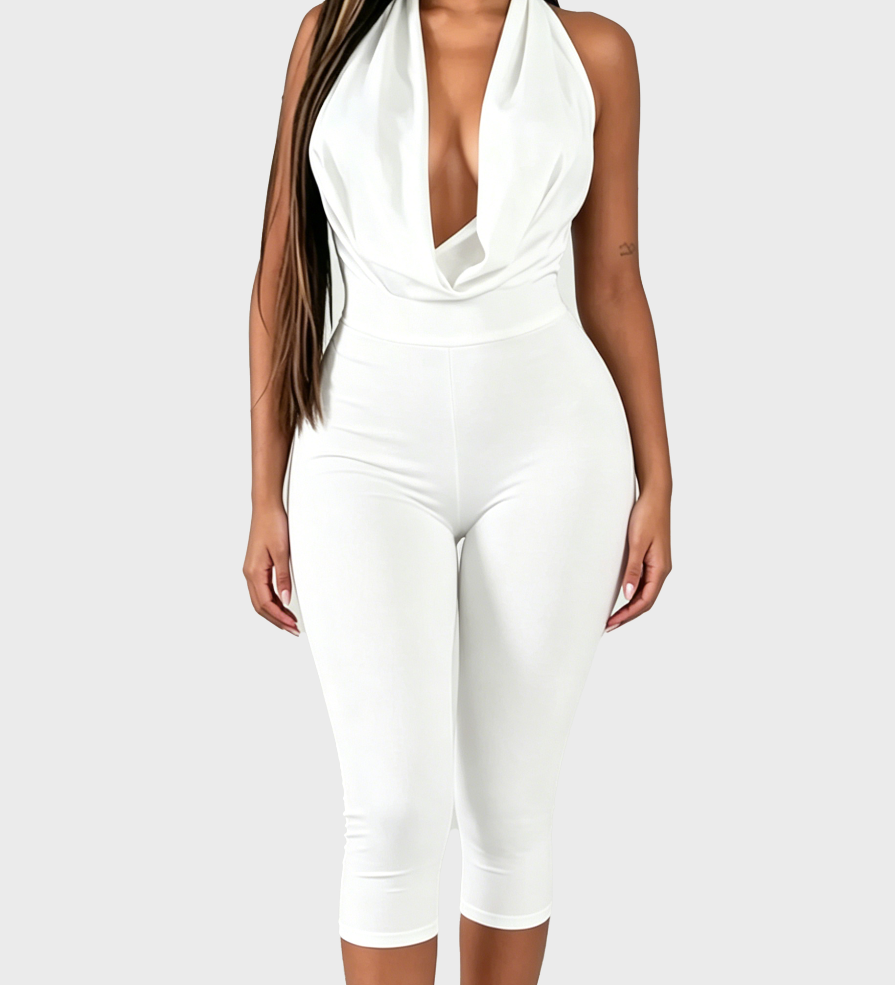 V Neck Halter Open Back Tie Capri Jumpsuit