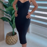 Women's Sexy Spaghetti Strap Corset Ruched Bodycon Midi Dress
