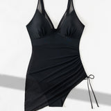Deep V Mesh Drawstring Slim Sexy Backless Shapewear Swimsuit