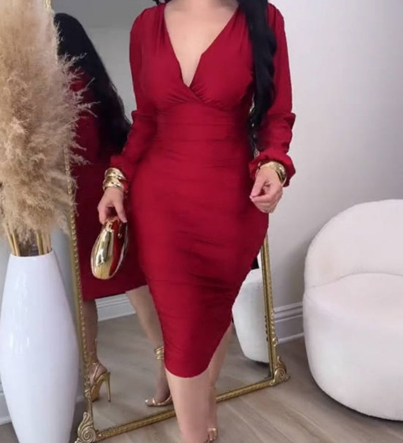 Deep V Neck Long Sleeves Ruched Bodycon Midi Dress