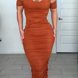 Off Shoulder Ruched Tummy Tuck Bodycon Midi Dress with Fishbone