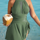 Large Size Halter Neck Mesh Panel Tummy Control Swimsuit with Side Bow