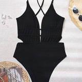 Sexy Backless Deep V Tummy Control Swimsuit Back Lace Up