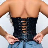 Sexy Mesh Cut Out Lace Double Layer Tummy Control Corset with Back Tie