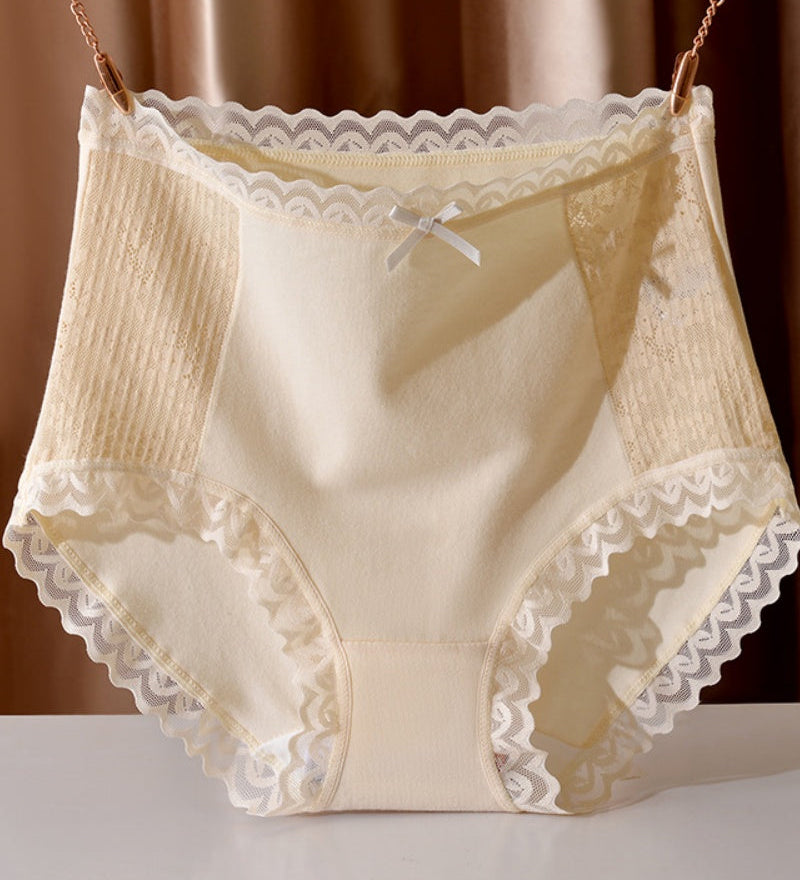 High Waisted Comfortable Cotton Breathable Panties With Lace Trim