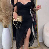 Glamorous Off Shoulder Dress with Ruffled Asymmetrical Slit