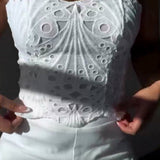 Elegant Strapless Floral Eyelet Cutout Top & Wide Leg Pants Set
