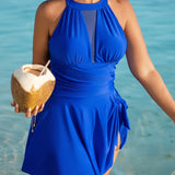 Large Size Halter Neck Mesh Panel Tummy Control Swimsuit with Side Bow