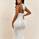 Polka Dot Corset Halter Midi Dress with Lace-Up Back