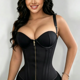 Black Front Zipper Corset Waist Trainer with Adjustable Straps