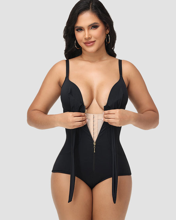 Sorelyne® Shaping V Neck Swimsuit with Zipper and Bow