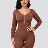 Front Zipper Long Sleeve Mid Thigh Full Body Shapewear Bodysuit