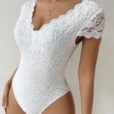 Sexy Deep V Neck Lace Short Sleeve Bodysuit One Piece Slim Fit Body Shaper