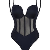 Sexy Mesh Shapewear Corset Backless Thong Bodysuit With Built-in Bra