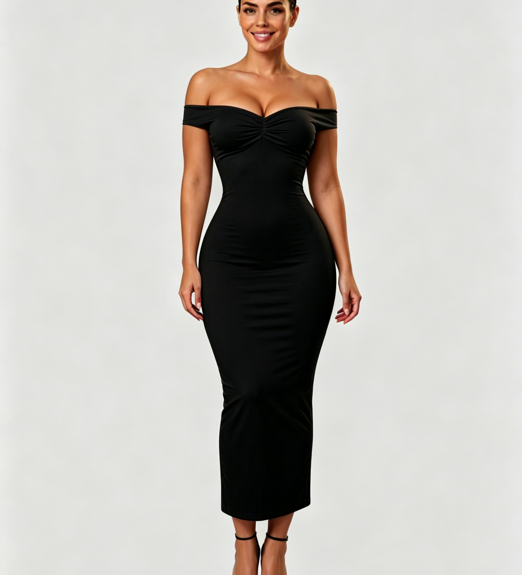 Off Shoulder Ruched Bust Bodycon Maxi Dress with Back Slit