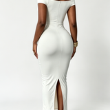 Off Shoulder Ruched Bust Bodycon Maxi Dress with Back Slit