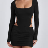 Square Neck Long Sleeve Backless Thong Slim Fit Bodysuit