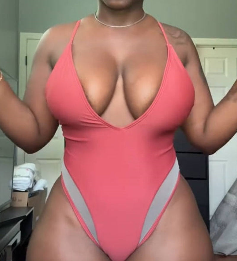 Sexy Mesh Splicing Spaghetti Strap Deep V Neck Shapewear Swimsuit