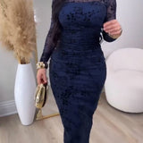 Mesh Long Sleeves Floral Ruched Maxi Dress