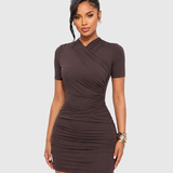 Wrap Cross Neck Ruched Short Sleeve Bodycon Mini Dress