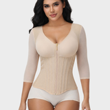 V Neck 3/4 Mesh Sleeve Zipper Waist Trainer High Compression Shaping Top
