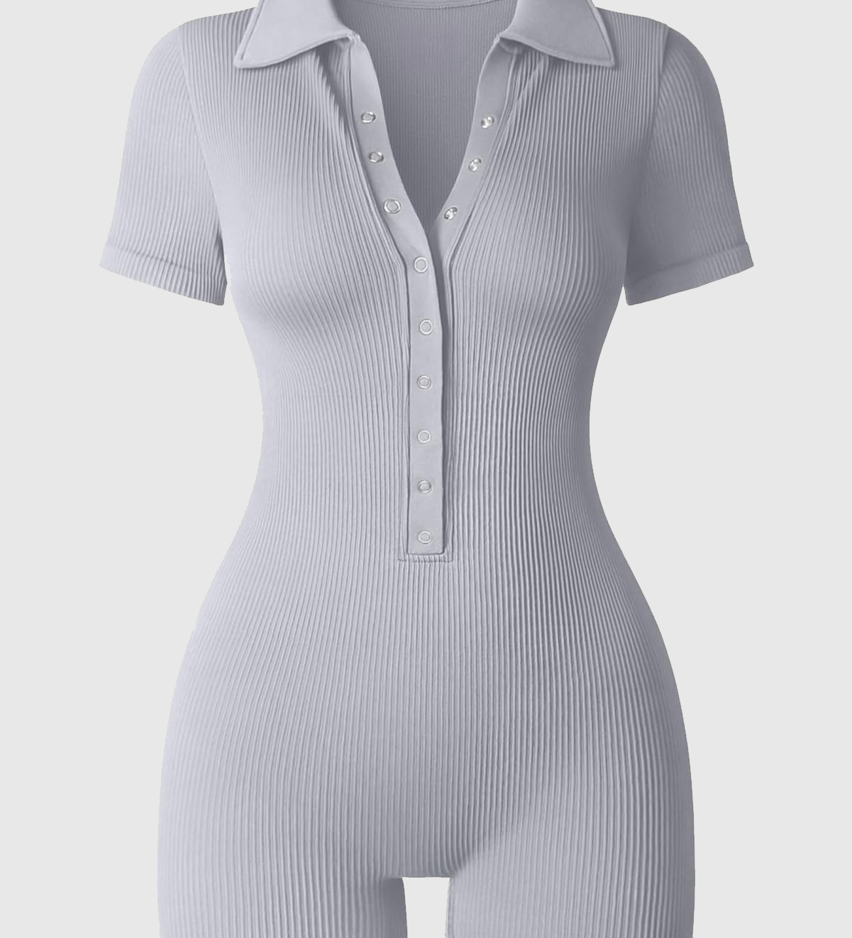 Ribbed Polo Collar Half Snap Front Short Sleeve Bodycon Romper