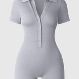 Ribbed Polo Collar Half Snap Front Short Sleeve Bodycon Romper