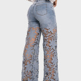 High Waist Floral Lace Hollow Out Spliced Flare Jeans