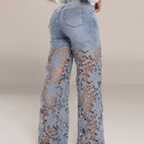High Waist Floral Lace Hollow Out Spliced Flare Jeans