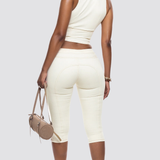 Two Piece Denim Set Zip Front Lace Up Sleeveless Top Capri Pants