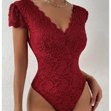 Sexy Deep V Neck Lace Short Sleeve Bodysuit One Piece Slim Fit Body Shaper