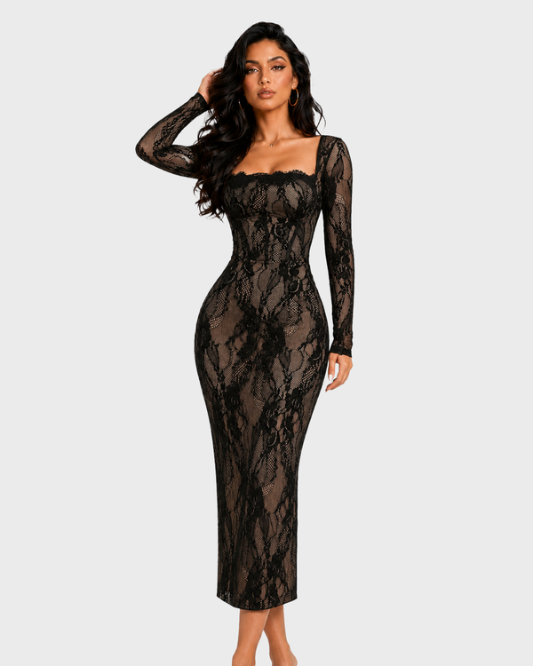 Square Neck Long Sleeve Lace Bodycon Maxi Dress