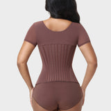 V Neck Front Zipper Short Sleeve Segmented Bone Waist Trainer Compression Shaping Top