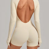 Round Neck Long Sleeve Open Back Tight Fit Workout Romper