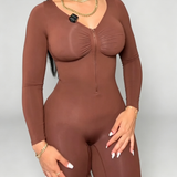 Front Zipper Long Sleeve Mid Thigh Full Body Shapewear Bodysuit